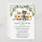 Invitation Aquarelle Bois Animaux Baby shower Floral (Devant)