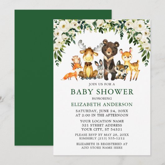 Invitation Aquarelle Bois Animaux Baby shower Floral (Devant / Derrière)