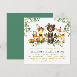 Invitation Aquarelle Bois Animaux Baby shower Gold Sq