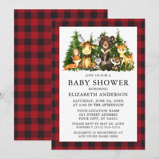 Invitation Aquarelle Bois Animaux Baby shower Rouge Plaid (Devant / Derrière)
