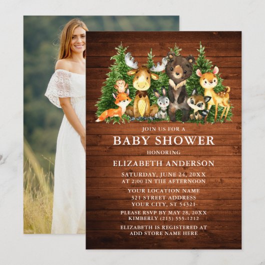 Invitation Aquarelle Bois Animaux Bois Douche à bois Photo (Devant / Derrière)