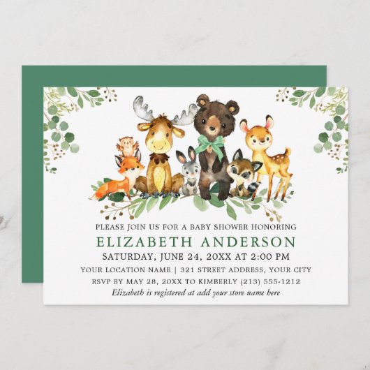 Invitation Aquarelle Bois Animaux Bow Baby shower (Devant / Derrière)