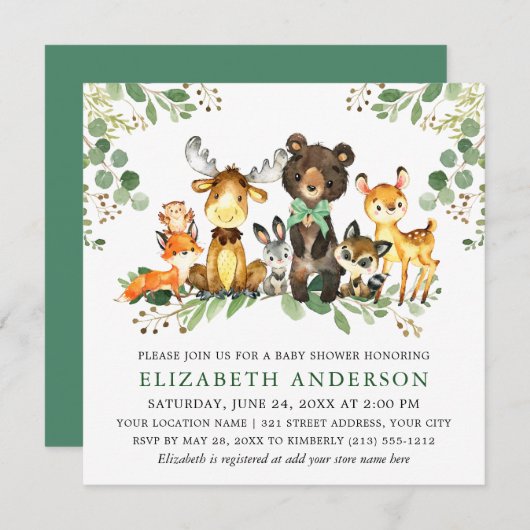 Invitation Aquarelle Bois Animaux Bow Baby shower Carré (Devant / Derrière)