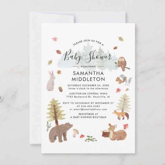 Invitation Aquarelle Bois Animaux Boys Baby shower (Devant)