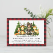 Invitation Aquarelle Bois Animaux Plaid Premier Anniversaire (Debout devant)