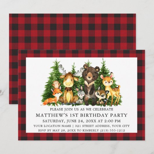 Invitation Aquarelle Bois Animaux Première Anniversaire Plaid (Devant / Derrière)