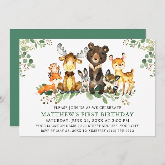 Invitation Aquarelle Bois Animaux Première Anniversaire Vert (Devant / Derrière)
