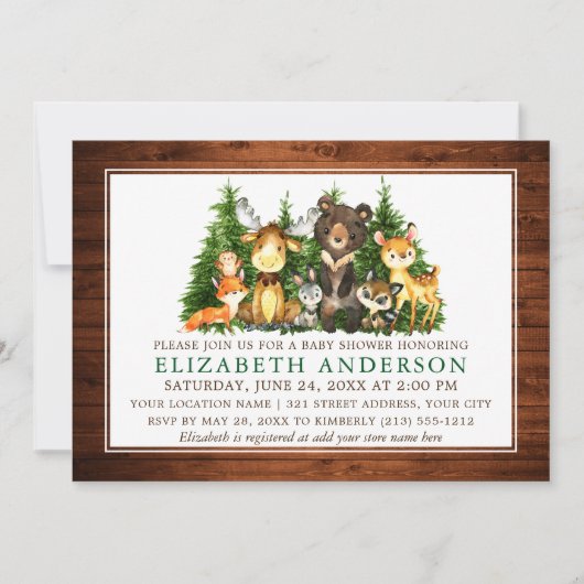 Invitation Aquarelle Bois Animaux Rustiques Bois Douche (Devant)