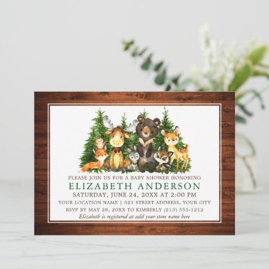 Invitation Aquarelle Bois Animaux Rustiques Bois Douche (Debout devant)