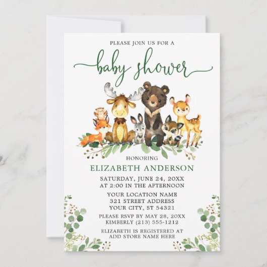 Invitation Aquarelle Bois Animaux Vert Script Douche (Devant)