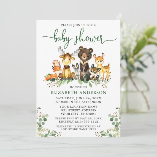 Invitation Aquarelle Bois Animaux Vert Script Douche (Debout devant)