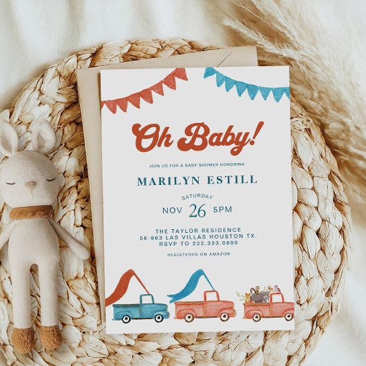 Invitation Aquarelle Bois Baby shower bleu rouge