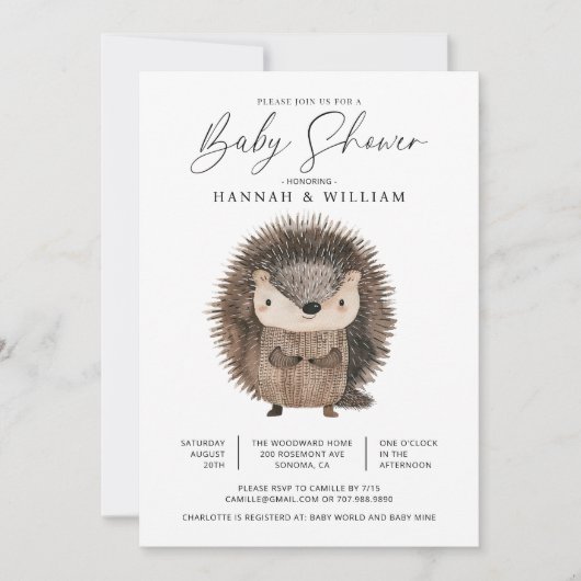 Invitation Aquarelle Bois Baby shower de hérisson animal (Devant)