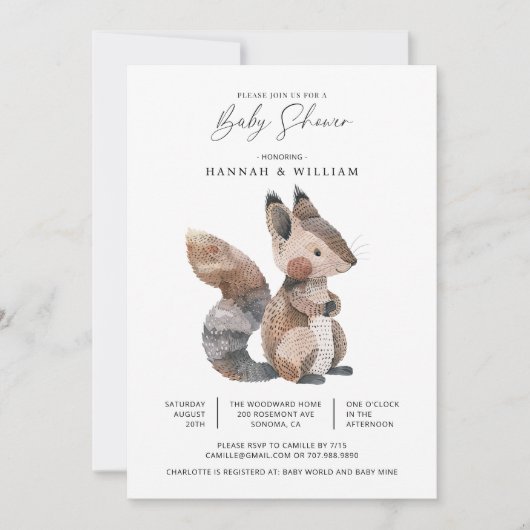 Invitation Aquarelle Bois Baby shower d'écureuil animal (Devant)