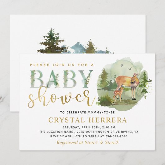 Invitation Aquarelle Bois Cerf Baby shower de verdure (Devant / Derrière)