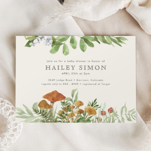 Invitation Aquarelle Bois Champignons Baby shower vert