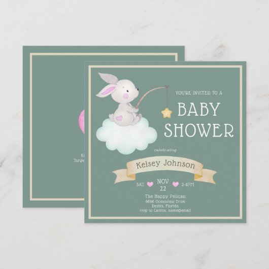 Invitation Aquarelle Bois Lapin Sage Vert Baby shower (Devant / Derrière)