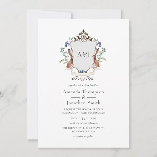 Invitation Aquarelle Bois Laurel Crest Monogramme Mariage (Devant)