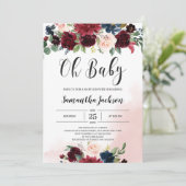 Invitation Aquarelle bordeaux bleu marine rose floral bébé (Debout devant)