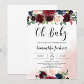 Invitation Aquarelle bordeaux bleu marine rose floral bébé (Devant / Derrière)