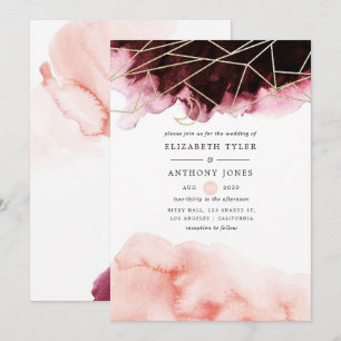 Invitation Aquarelle bordeaux et bleu Mariage géométrique