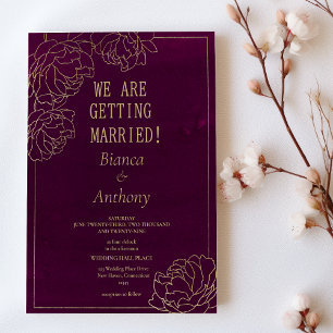 Invitation Aquarelle bordeaux or pivoine mariage floral