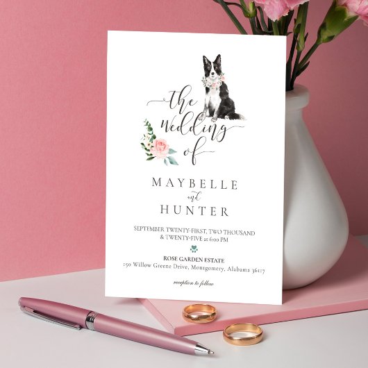 Invitation Aquarelle Bordure Collie Pet & Floral Rose