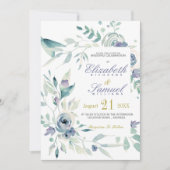 Invitation Aquarelle Botanique Bleu Dusty Mariage élégant (Devant)