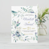 Invitation Aquarelle Botanique Bleu Dusty Mariage élégant (Debout devant)