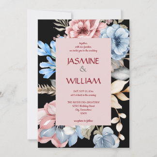Invitation aquarelle botanique bleue et florale rose