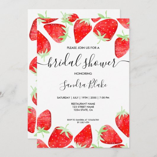 Invitation Aquarelle botanique de fraise moderne (Devant / Derrière)