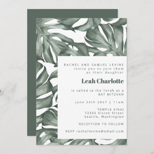 Invitation Aquarelle botanique de Monstera Bat mitzvah vert