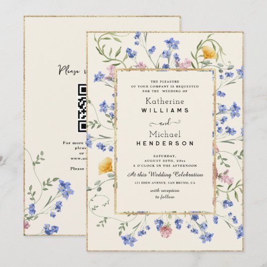 Invitation Aquarelle Botanique Fleur sauvage et Mariage de co (Devant / Derrière)