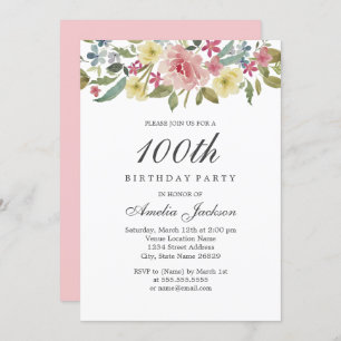 Invitation Aquarelle botanique floue 100e fête d'anniversaire