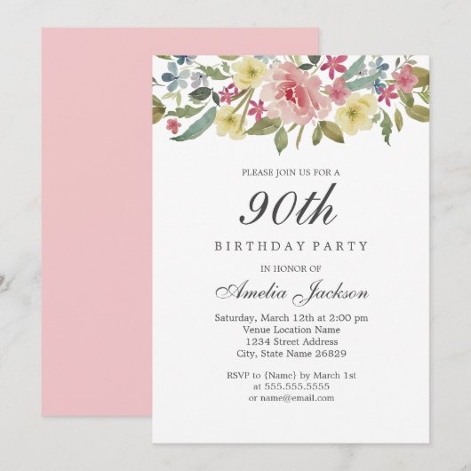 Invitation Aquarelle botanique floue 90e fête d'anniversaire (Devant / Derrière)