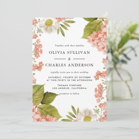 Invitation Aquarelle botanique Hydrangea et Mariage d'anémone (Debout devant)