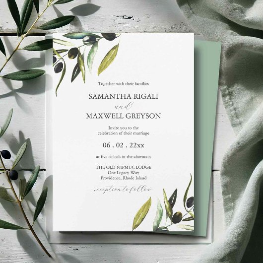 Invitation Aquarelle botanique Mariage de la branche d'olivie