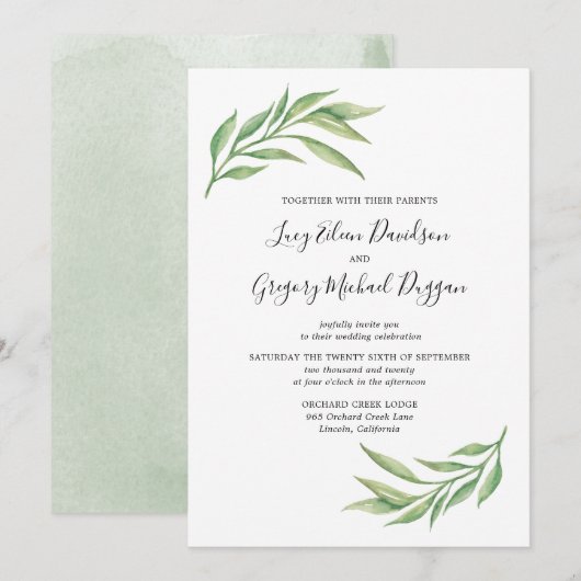 Invitation Aquarelle Botanique Mariage Feuille (Devant / Derrière)