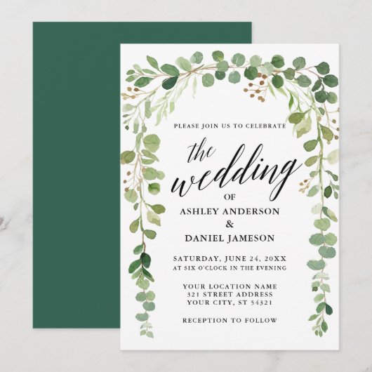 Invitation Aquarelle Botanique Moderne Calligraphie Mariage (Devant / Derrière)