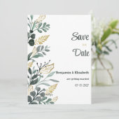 Invitation Aquarelle botanique or verdure Enregistrer la date (Debout devant)