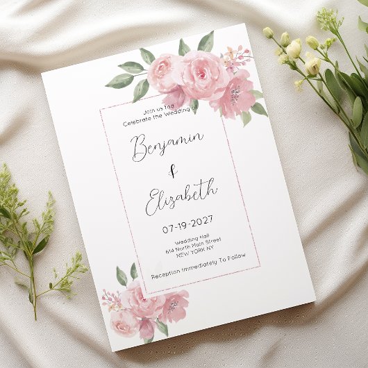 Invitation Aquarelle botanique pastel rose Mariage