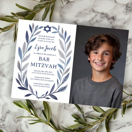 Invitation Aquarelle botanique PHOTO PERSONNALISÉE Bar Mitzva