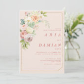 Invitation Aquarelle botanique rose Mariage fleuri (Debout devant)