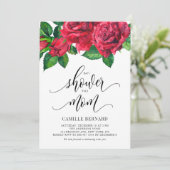 Invitation Aquarelle botanique Roses rouges Baby shower fille (Debout devant)