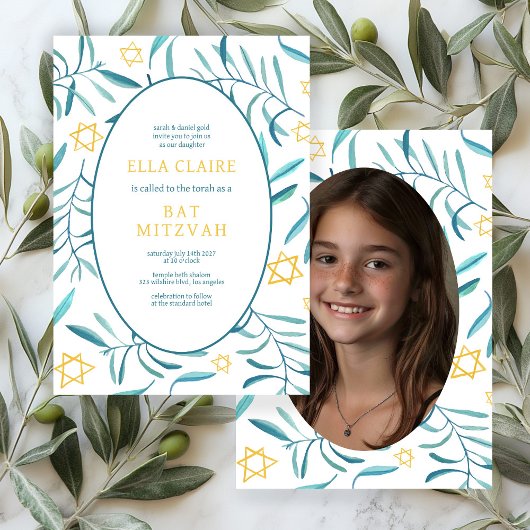 Invitation Aquarelle Botanique Star Bar Bat mitzvah Photo