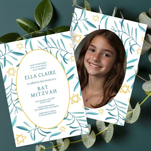 Invitation Aquarelle Botanique Star Bar Bat mitzvah Photo