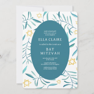 Invitation Aquarelle Botanique Star de David Bar Bat mitzvah