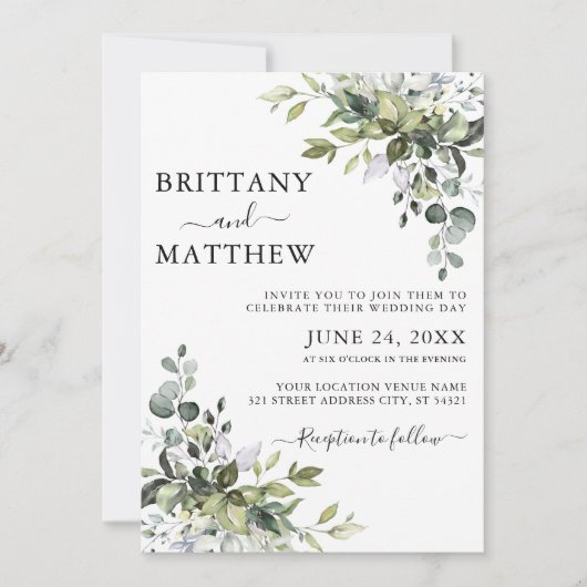 Invitation Aquarelle Botanique Verdure Mariage de calligraphi (Devant)