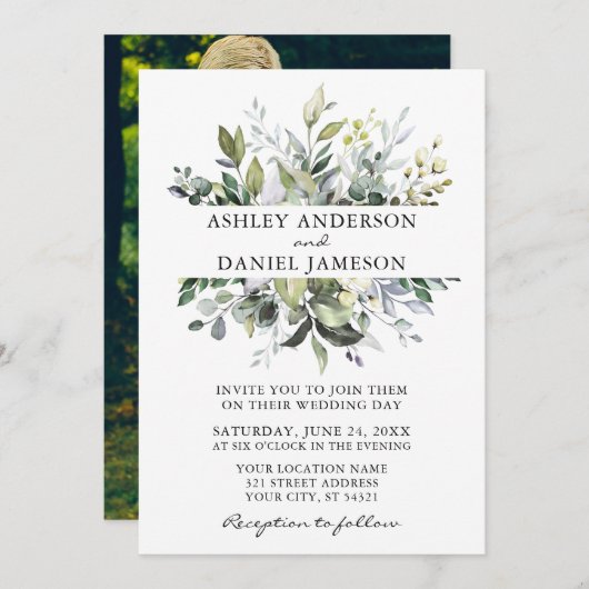 Invitation Aquarelle Botanique Verdure Mariage photo (Devant / Derrière)