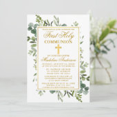 Invitation Aquarelle Botanique Verdure Or Première Communion (Debout devant)